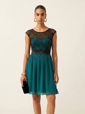 ModCloth Starlet's Web Turquoise Tulle Black Lace Fit-and-Flare Dress